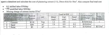 epare a datasheet and calculate the cost of plastering cement (1:5), 20mm thick for 50m². Also compute final total cost
0.5 skilled labor $70/day
T3 unskilled labor $20/day
Mixing charge of cement mortar $7/m³
7
Lead in KM
S.#
Rate at
Material
Metal
Cart
Conveyance
Charge
Sand
track
source,
Toll
Charge
track
track
1
$110
1.2
0.8
$5/KM/2ton
1
$30
1.0
0.9
0.5
$3/KM/m³
$5
0.6
0.7
$1/KM/m²
$2/25m²
WID
2
3
Cement
Sand
Paint
per
Ton
m³
m²