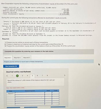 Alex Corporation reports the following components of stockholders' equity at December 31 of the prior year.
Common stock-$25 par value, 50,000 shares authorized, 33,000 shares
issued and outstanding
Paid-in capital in excess of par value, common stock
Retained earnings
Total stockholders' equity
During the current year, the following transactions affected its stockholders' equity accounts.
January 2 Purchased 3,300 shares of its own stock at $25 cash per share.
January 7
Directors declared a $1.50 per share cash dividend payable on February 28 to the February 9 stockholders of
record.
Paid the dividend declared on January 7.
Sold 1,320 of its treasury shares at $30 cash per share.
February 28
July 9
August 27
September 9
Sold 1,650 of its treasury shares at $21 cash per share.
Directors declared a $2 per share cash dividend payable on October 22 to the September 23 stockholders of
October 22 Paid the dividend declared on September 9.
record.
December 31 Closed the $55,000 credit balance (from net income) in the Income Summary account to Retained Earnings.
Required:
1. Prepare journal entries to record each of these transactions.
2. Prepare a statement of retained earnings for the current year ended December 31.
3. Prepare the stockholders' equity section of the balance sheet as of December 31 of the current year.
Complete this question by entering your answers in the tabs below.
Required 1 Required 2 Required 3
Prepare journal entries to record each of these transactions.
View transaction list
Journal entry worksheet
<
1
2
3
Date
August 27
Note: Enter debits before credits.
4
5
6
Record the reissue of 1,650 shares of the treasury stock for $21 cash per
share.
General Journal
7
8
$ 825,000
66,000
350,000
$ 1,241,000
Debit
Credit