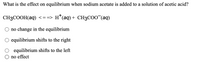 What is the effect on equilibrium when sodium acetate is added to a solution of acetic acid?
+
CH3COOH(aq) <==> H"(aq)+ CH3COO (aq)
no change in the equilibrium
equilibrium shifts to the right
equilibrium shifts to the left
no effect
