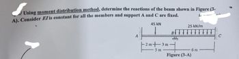 Using moment distribution method, determine the reactions of the beam shown in Figure (3-
A). Consider El is constant for all the members and support A and C are fixed.
45 kN
A
-2m-3m-
5 m
B
O
25 kN/m
Figure (3-A)
6m