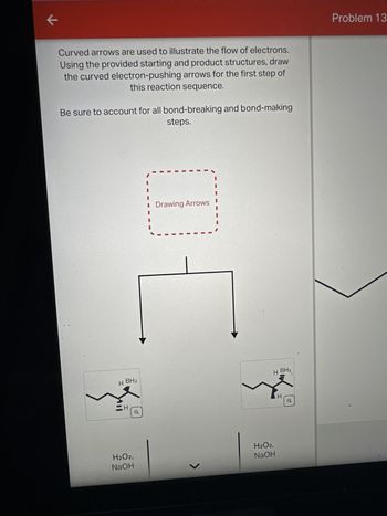 K
Curved arrows are used to illustrate the flow of electrons.
Using the provided starting and product structures, draw
the curved electron-pushing arrows for the first step of
this reaction sequence.
Be sure to account for all bond-breaking and bond-making
steps.
H BH2
H
Q
H₂O2,
NaOH
Drawing Arrows
BH2
H
m
H₂O2,
NaOH
H
Q
Problem 13