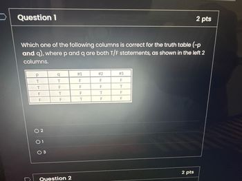 Question 1
2 pts
Which one of the following columns is correct for the truth table (~p
and q), where p and q are both T/F statements, as shown in the left 2
columns.
q
#1
#2
#3
F
F
F
EL
TFTF
PTTF
F
02
01
03
F
F
T
FTF
T
רוד
F
F
2 pts
Question 2