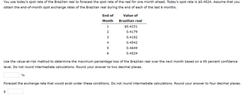 You use today's spot rate of the Brazilian real to forecast the spot rate of the real for one month ahead. Today's spot rate is $0.4524. Assume that you
obtain the end-of-month spot exchange rates of the Brazilian real during the end of each of the last 6 months.
End of
Month
1
2
3
4
5
6
%
$
Value of
Brazilian real
Use the value-at-risk method to determine the maximum percentage loss of the Brazilian real over the next month based on a 95 percent confidence
level. Do not round intermediate calculations. Round your answer to two decimal places.
$0.4231
0.4179
0.4192
0.4542
0.4649
0.4524
Forecast the exchange rate that would exist under these conditions. Do not round intermediate calculations. Round your answer to four decimal places.