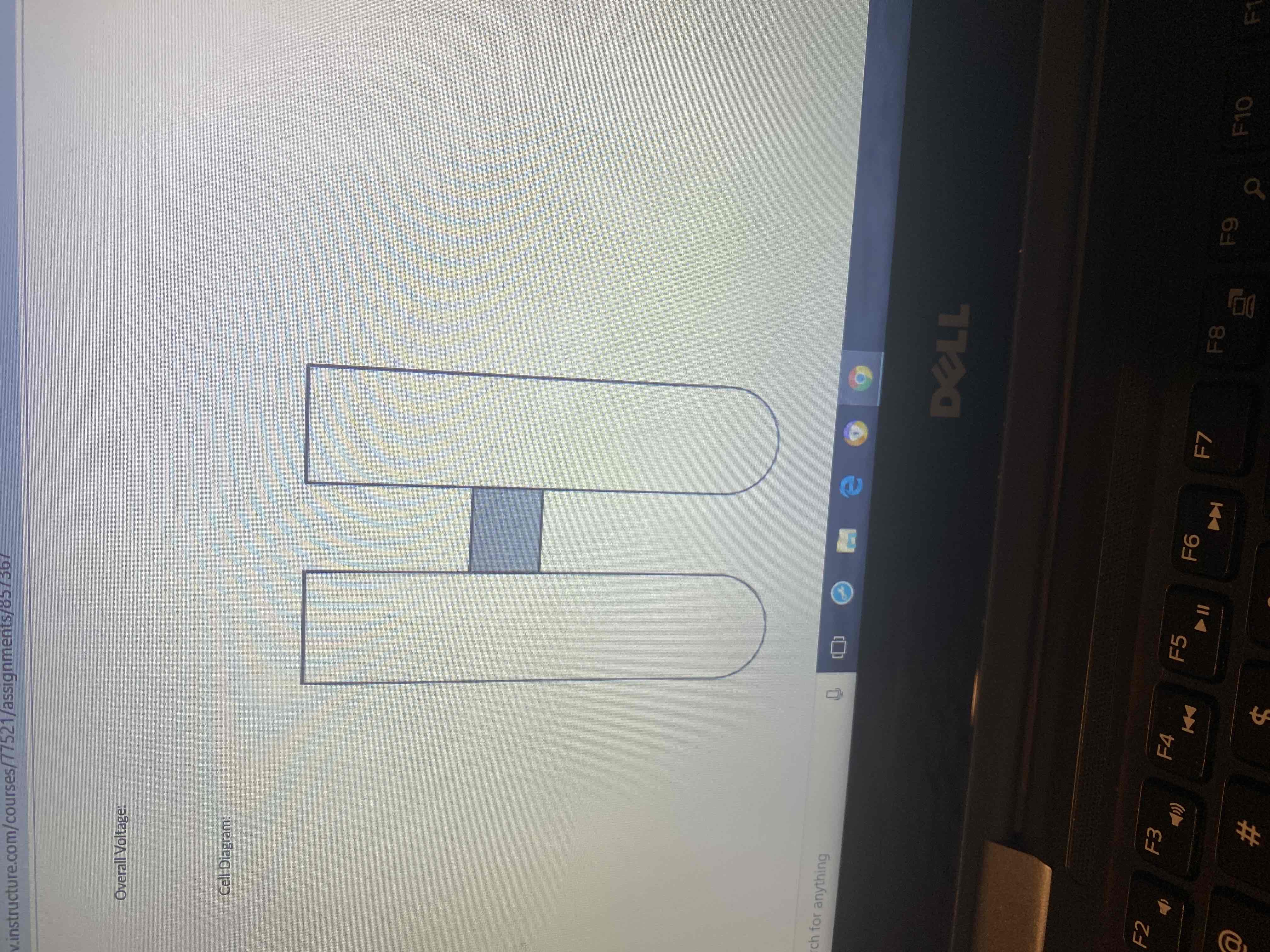 **Educational Content Transcription**

**Overall Voltage:**  
[No data provided]

**Cell Diagram:**

The diagram is a schematic representation of a galvanic (voltaic) cell. It features two vertical, cylindrical shapes placed side by side, resembling test tubes or beakers. These are connected by a horizontal bridge, likely representing a salt bridge or a porous barrier.

- **Left Vertical Cylinder:** Represents one half-cell of the electrochemical setup. This may contain an electrode submerged in a solution of ions specific to that electrode.
  
- **Right Vertical Cylinder:** Represents the other half-cell, similarly structured with an electrode and a solution of ions.

- **Horizontal Bridge:** A connector typically symbolizing a salt bridge. This component allows the flow of ions between the two half-cells to maintain charge balance and complete the circuit, essential for the flow of electrons.

This setup illustrates how a chemical reaction can generate an electric current through the transfer of electrons across the electrodes and the conductive pathway.