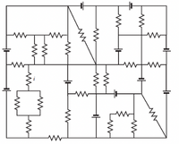 The image depicts an intricate electrical circuit diagram consisting of multiple components, including resistors and capacitors. The circuit is connected in various configurations, such as series and parallel connections. 

Key features of the circuit:

1. **Resistors**: Multiple resistors are placed throughout the circuit, identifiable by the zigzag line symbols. They are arranged in various configurations involving parallel and series connections, contributing to the overall resistance of the circuit.

2. **Capacitors**: There are several capacitors denoted by two parallel lines, one of which is curved. These components are positioned at various points in the circuit, affecting the circuit's ability to store charge.

3. **Complex Configurations**: The circuit includes complex networks where resistors and capacitors are interlinked in multiple loops and branches. This complexity may represent a challenge for analysis in educational settings, often requiring the application of Kirchhoff's laws or other circuit analysis techniques.

4. **Current 'i'**: A current notation 'i' is present in one of the branches, indicating a flow of electric current through that part of the circuit, which may be a point of analysis for calculating current distribution or other electrical properties.

This diagram can be used for educational purposes, such as teaching circuit analysis, examining the combination of series and parallel circuits, and understanding the role of different electrical components.