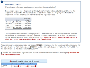 Required information
[The following information applies to the questions displayed below.]
Zhang incorporated her sole proprietorship by transferring inventory, a building, and land to the
corporation in return for 100 percent of the corporation's stock. The property transferred to the
corporation had the following fair market values and adjusted bases:
Adjusted
Basis
Inventory$
FMV
56,000 $
28,000
280,000
644,000
840,000
Building 420,000
Land
Total $1,120,000 $1,148,000
The corporation also assumed a mortgage of $100,000 attached to the building and land. The fair
market value of the corporation's stock received in the exchange was $1,020,000. The transaction
met the requirements to be tax-deferred under $351. (Negative amount should be indicated by a
minus sign. Leave no answer blank. Enter zero if applicable.)
Assume the corporation assumed a mortgage of $1,220,000 attached to the building and land. Assume the
fair market value of the building is now $700,000 and the fair market value of the land is $1,484,000. The
fair market value of the stock remains $1,020,000.
g. What is the corporation's adjusted basis in each of the assets received in the exchange? (Do not round
intermediate calculations.)
Answer is complete but not entirely correct.
Inventory
Building
Land
Adjusted
basis
$ 28,000 $
0 $264,000 ×