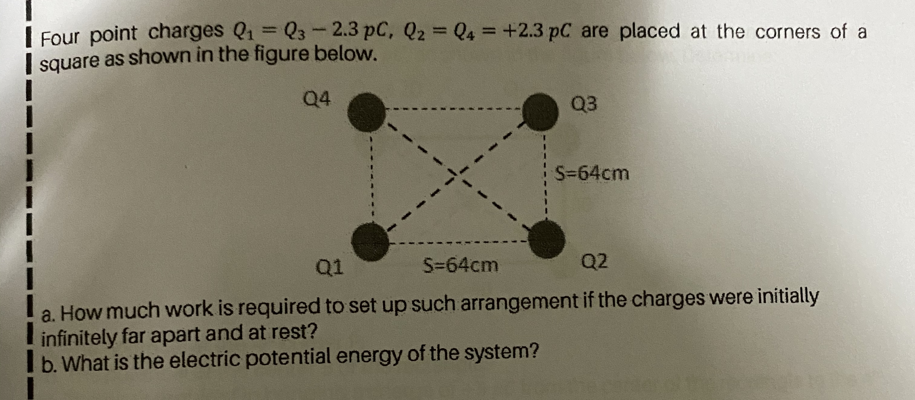 Answered: Four point charges Q1 = Q3 -2.3 pC, Q2 Q4 = +2.3 pC are ...