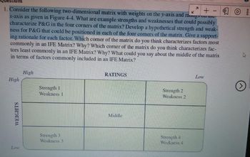 7 + -
K
1. Consider the following two-dimensional matrix with weights on the y-axis and rangs or unc
x-axis as given in Figure 4-4. What are example strengths and weaknesses that could possibly
characterize P&G in the four corners of the matrix? Develop a hypothetical strength and weak-
ness for P&G that could be positioned in each of the four corners of the matrix. Give a support-
ing rationale for each factor. Which corner of the matrix do you think characterizes factors most
commonly in an IFE Matrix? Why? Which corner of the matrix do you think characterizes fac-
tors least commonly in an IFE Matrix? Why? What could you say about the middle of the matrix
in terms of factors commonly included in an IFE Matrix?
High
WEIGHTS
Low
High
Strength 1
Weakness 1
Strength 3
Weakness 3
RATINGS
Middle
Strength 2
Weakness 2
Strength 4
Weakness 4
Low
000