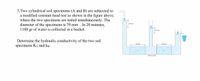 3.Two cylindrical soil specimens (A and B) are subjected to
a modified constant head test as shown in the figure above,
where the two specimens are tested simultaneously. The
diameter of the specimens is 70 mm . In 20 minutes,
1100 gr of water is collected in a bucket.
200mm
150 mm
Determine the hydraulic conductivity of the two soil
specimens KA and kB.
350 mm
350 mm
Cict to scale)
