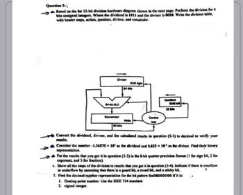 Question 5:
Based on the for 32-bit division hardware diagram shown in the next page. Perform the division for 4
bits unsigned integers. Where the dividend is 1011 and the divisor is 0010. Write the division table,
with header steps, action, quotient, divisor, and remainder.
Divisor
64-DRALU
Remainder
64 bits
Shit right
64 bits
Wile
Control
Quotient
Shill left
Convert the dividend, divisor, and the calculated results in question (5-1) to decimal to verify your
results.
Consider the number -1.36875 x 10¹ as the dividend and 5.625 x 10¹¹ as the divisor. Find their binary
representation.
Put the results that you got it in question (5-3) in the 8-bit quarter-precision format (1 for sign bit, 2 for
exponent, and 5 for fraction)
e. Show all the steps of the division to results that you got it in question (5-4). Indicate if there is overflow
or underflow by assuming that there is a guard bit, a round bit, and a sticky bit.
f. Find the decimal number representation for the bit pattern OxOBDO0000 if it is:
1. floating-point number. Use the IEEE 754 standard.
2. signed integer.
→