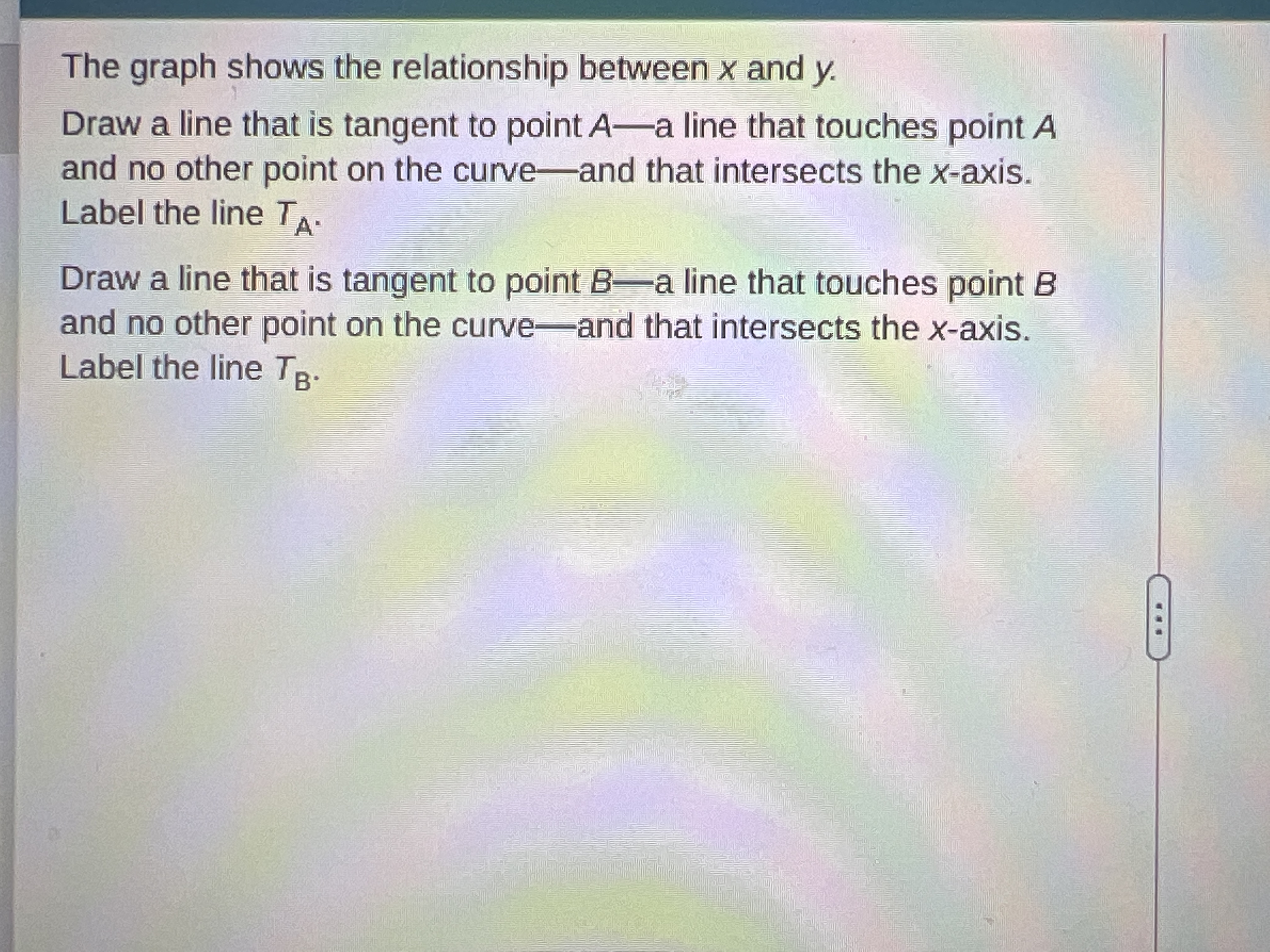 The graph shows the relationship between x and y.
Draw a line that is tangent to point A-a line that touches point A
and no other point on the curve-and that intersects the x-axis.
Label the line TA.
Draw a line that is tangent to point Ba line that touches point B
and no other point on the curve-and that intersects the x-axis.
Label the line TR:
