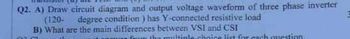 Q2. A) Draw circuit diagram and output voltage waveform of three phase inverter
(120-
degree condition) has Y-connected resistive load
B) What are the main differences between VSI and CSI
the multiple choice list for each question