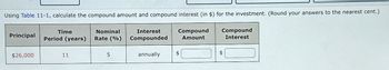 Using Table 11-1, calculate the compound amount and compound interest (in $) for the investment. (Round your answers to the nearest cent.)
Time
Principal
Period (years)
Nominal
Rate (%)
Interest
Compounded
$26,000
11
5
annually
$
Compound
Amount
$
Compound
Interest