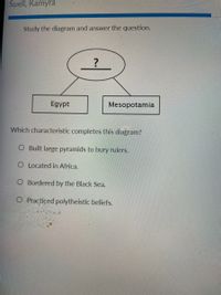 Suell, Kamyra
Study the diagram and answer the question.
Egypt
Mesopotamia
Which characteristic completes this diagram?
O Built large pyramids to bury rulers.
O Located in Africa.
O Bordered by the Black Sea.
O Practiced polytheistic beliefs.
