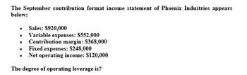 The September contribution format income statement of Phoenix Industries appears
below:
•
Sales: $920,000
• Variable expenses: $552,000
•
.
Contribution margin: $368,000
Fixed expenses: $248,000
⚫ Net operating income: $120,000
The degree of operating leverage is?