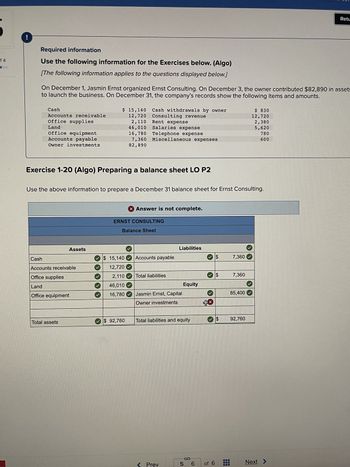 f4
Required information
Use the following information for the Exercises below. (Algo)
[The following information applies to the questions displayed below.]
On December 1, Jasmin Ernst organized Ernst Consulting. On December 3, the owner contributed $82,890 in assets
to launch the business. On December 31, the company's records show the following items and amounts.
Cash
Accounts receivable
Office supplies
Land
Office equipment
Accounts payable
Owner investments
Exercise 1-20 (Algo) Preparing a balance sheet LO P2
$ 15,140 Cash withdrawals by owner
12,720 Consulting revenue
2,110 Rent expense
46,010 Salaries expense
16,780 Telephone expense
7,360 Miscellaneous expenses
82,890
Use the above information to prepare a December 31 balance sheet for Ernst Consulting.
Assets
Cash
Accounts receivable
Office supplies
Land
Office equipment
Total assets
ERNST CONSULTING
Balance Sheet
✓$ 15,140
12,720
2,110
46,010
16,780
X Answer is not complete.
✓$ 92,760
Accounts payable
Total liabilities
Liabilities
Jasmin Ernst, Capital
DETENIDO
Owner investments
Prev
Equity
Total liabilities and equity
ANALINA
5 6
✓$
+x
$
of 6
$
7,360
7,360
85,400
$ 830
12,720
2,380
5,620
780
600
92,760
Retu
Next >