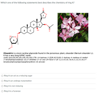 Which one of the following statements best describes the chemistry of ring A?
E
B
OH
он,
A
H
Oleandrin is a toxic cardiac glycoside found in the poisonous plant, oleander (Nerium oleander L).
It has a very long IUPAC name:
acetic acid [(35,5R, 10S,13R,14S, 16S, 17'R)-14-hydroxy-3-[[(2R,4S,5S,65)-5-hydroxy-4-methoxy-6-methyl-
2-tetrahydropyranyl]oxy]-10,13-dimethyl-17-(5-oxo-2H-furan-3-y)-1,2,3,4,5,6,7,8,9,11,12,15,16,17-
tetradecahydrocyclopenta[a]phenanthren-16-yl] ester
Ring-A can act as a reducing sugar
Ring-A can undergo mutarotation
Ring-A is non-reducing
O Ring-A is a furanose
