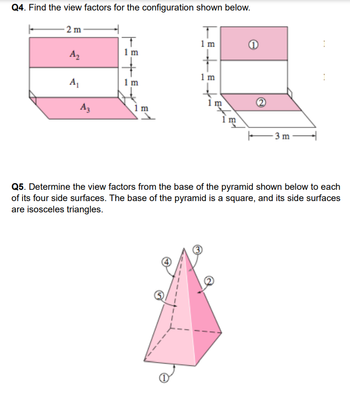 Q4. Find the view factors for the configuration shown below.
2 m
T
1 m
1
1 m
A₂
1 m
A₁
1 m
A3
1 m
m
3 m
Q5. Determine the view factors from the base of the pyramid shown below to each
of its four side surfaces. The base of the pyramid is a square, and its side surfaces
are isosceles triangles.