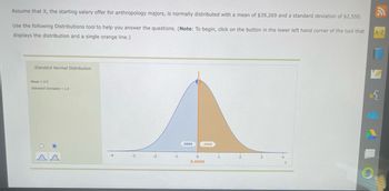 Assume that X, the starting salary offer for anthropology majors, is normally distributed with a mean of $39,269 and a standard deviation of $2,550.
Use the following Distributions tool to help you answer the questions. (Note: To begin, click on the button in the lower left hand corner of the tool that
displays the distribution and a single orange line.)
Standard Normal Distribution
Mean=0.0
Standard Deviation = 1.0
-1
.5000
.5000
0
0.0000
A-Z