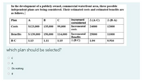 In the development of a publicly owned, commercial waterfront area, three possible
independent plans are being considered. Their estimated costs and estimated benefits are
as follows.
Increment
considered
Incremental
A (A-C)
A (B-A)
Plan
A
B
$123,000 135,000 99,000
12000
Costs
24000
costs
Benefits
$ 139,000 150,000 114,000
Incremental
25000
11000
Benefits
В-С
1.13
1.11
1.15
A (B C)
1.04
0.916
which plan should be selected?
O A
O Do nothing
O B
