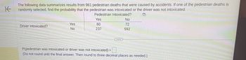 K
The following data summarizes results from 961 pedestrian deaths that were caused by accidents. If one of the pedestrian deaths is
randomly selected, find the probability that the pedestrian was intoxicated or the driver was not intoxicated.
Pedestrian Intoxicated?
D
Driver intoxicated?
Yes
No
Yes
60
237
...
No
72
592
P(pedestrian was intoxicated or driver was not intoxicated) =
(Do not round until the final answer. Then round to three decimal places as needed.)