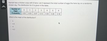 Hannah has a chicken coop with 6 hens. Let X represent the total number of eggs the hens lay on a randomly
chosen day. The distribution for X is given in the table.
Number of
Eggs
Probability
What is the mean of the distribution?
3
3.5
4
4.2
0
1
0.02 0.03
2
0.07
3
0.12
4
0.30
5
6
0.28 0.18