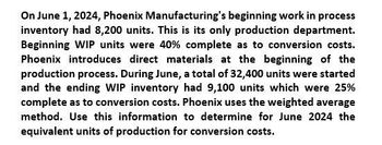 On June 1, 2024, Phoenix Manufacturing's beginning work in process
inventory had 8,200 units. This is its only production department.
Beginning WIP units were 40% complete as to conversion costs.
Phoenix introduces direct materials at the beginning of the
production process. During June, a total of 32,400 units were started
and the ending WIP inventory had 9,100 units which were 25%
complete as to conversion costs. Phoenix uses the weighted average
method. Use this information to determine for June 2024 the
equivalent units of production for conversion costs.