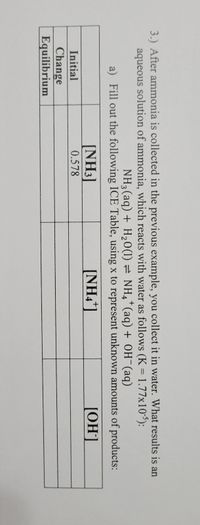 3.) After ammonia is collected in the previous example, you collect it in water. What results is an
aqueous solution of ammonia, which reacts with water as follows (K = 1.77x10³):
%3D
NH3(aq) + H20(1) = NH,*(aq) + 0H¯(aq)
a) Fill out the following ICE Table, using x to represent unknown amounts of products:
+.
[NH3]
[NH4*]
[OH]
Initial
0.578
Change
Equilibrium
