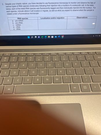 3. Despite your chaotic nature, you have decided to use fluorescence microscopy to monitor and observe the fate of
various types of RNA species (molecules) following their injection into a nucleus of a eukaryotic cell. In the table
below, each of the listed RNA species was fluorescently tagged and then individually injected into the nucleus. For
each species, indicate where it will localize or migrate, as well as what you expect to observe when the sample is
viewed under a fluorescence microscope.
FI
4x
@
2
W
S
F2
X
Alt
a. pre mRNA
b. pre rRNA
c. mRNA
d. rRNA
e. tRNA
d
#
3
RNA species
E
D
с
4)
$
4
R
F
V
DII
%
5
FS
T
G
☀
A
6
B
Localization and/or migration
F6
Y
H
F7
&
7
N
U
PrtScn
J
FB
8
1
M
Home
Home
K
(
9
End
O
F10
L
)
0
Observations
PgUp
P
Alt
F11
:
PgDn
{
[
?
=
1
POM
a
Ins
L
C
Backs