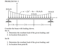 PROBLEM NO. 5.
28 lb/ft
w = (2r – 8x + 18) lb/ft
10 lb/ft
18 lb/ft
B
-2 ft
-2 ft –
Consider the beam with loading shown.
Set A:
1. Determine the resultant load of the given loading; and
2. its location from point A.
Set B:
1. Determine the resultant load of the given loading; and
2. its location from point B.
