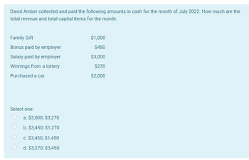 David Amber collected and paid the following amounts in cash for the month of July 2022. How much are the
total revenue and total capital items for the month.
Family Gift
Bonus paid by employer
Salary paid by employer
Winnings from a lottery
Purchased a car
Select one:
a. $3,000; $3,270
b. $3,450; $1,270
c. $3,450; $1,450
d. $3,270; $3,450
$1,000
$450
$3,000
$270
$2,000