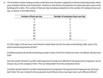 b. The Yorkshire Cricket Company makes cricket bats out of lumber supplied to it by Acme Sporting Goods, which
pays Yorkshire £10 for each finished bat. Yorkshire's only factors of production are lathe operators and a small
building with a lathe. The number of bats per day it produces depends on the number of employee-hours per
day, as shown in the table below.
Number of bats per day
0
5
10
15
20
25
30
35
Number of employee-hours per day
0
1
2
4
7
11
16
22
(i) If the wage is £15 per hour and Yorkshire's daily fixed cost for the lathe and building is £60, what is the
profit-maximising quantity of bats?
(ii) What would be the profit-maximising number of bats if the firm's fixed cost were not £60 per day but only
£30?
(iii) How would Yorkshire's profit-maximising level of output be affected if the government imposed a tax of
£10 per day on the company? (Hint: This tax independent from the production level.)
(iv) What would Yorkshire's profit-maximising level of output be if the government imposed a tax of £2 per
bat? (Hint: This tax is linked to the production level) Why do these two taxes have such different effects?