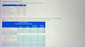 Comparative Income Statements
Consider the following income statement data from the Mono Company:
Sales revenue
Cost of goods sold
Selling expenses
Administrative expenses
Income tax expense
2019 2018
$600,000 $450,000
336,000 279,000
105,000
99,000
60,000 50,000
4,000
3,000
Prepare a contparative income statement, showing increases, and decreases in dollars and in percentages.
Note: Round "Percent Change" answers to one decimal place (ex: 0.2345 = 23.5%).
Sales Revenue
Cost of Goods Sold
MONO COMPANY
Comparative Income Statements
♦
Selling Expenses
Administrative Expenses
Total
Income before Income Taxes
◆
→
$
$
2019
0 $
0
0
0
0
oooo
0
0 $
2018
Increase
(Decrease)
0 $
0
0
0
0
0
0
0
0 $
0
0
0
0
0
0
0
0
0
Percent
Change
0%
0%
0%
0%
0%
0%
0%
0%
0 %