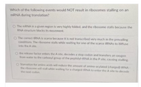 **Question:** Which of the following events would NOT result in ribosomes stalling on an mRNA during translation?

- The mRNA in a given region is very highly folded, and the ribosome stalls because the RNA structure blocks its movement.

- The correct tRNA is scarce because it is not transcribed very much in the prevailing conditions. The ribosome stalls while waiting for one of the scarce tRNAs to diffuse into the A site.

- The release factor enters the A site, decodes a stop codon and transfers an oxygen from water to the carboxyl group of the peptidyl-tRNA in the P site, causing stalling.

- Starvation for amino acids will reduce the amount of amino-acylated (charged) tRNA – the ribosome will stall while waiting for a charged tRNA to enter the A site to decode the next codon.