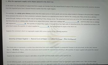 ## Why the aggregate supply curve slopes upward in the short run

In the short run, the quantity of output that firms supply can deviate from the natural level of output if the actual price level in the economy deviates from the expected price level. Several theories explain how this might happen.

For example, the **sticky-price theory** asserts that the output prices of some goods and services adjust slowly to changes in the price level. Suppose firms announce the prices for their products in advance, based on an expected price level of 100 for the coming year. Many of the firms sell their goods through catalogs and face high costs of reprinting if they change prices. The actual price level turns out to be 110. Faced with high menu costs, the firms that rely on catalog sales choose not to adjust their prices. Sales from catalogs will **increase**, and firms that rely on catalogs will respond by **increasing** the quantity of output they supply. If enough firms face high costs of adjusting prices, the unexpected increase in the price level causes the quantity of output supplied to **rise** above the natural level of output in the short run.

Suppose the economy's short-run aggregate supply (AS) curve is given by the following equation:

\[ \text{Quantity of Output Supplied} = \text{Natural Level of Output} + \alpha \times (\text{Price Level}_{\text{Actual}} - \text{Price Level}_{\text{Expected}}) \]

The Greek letter \( \alpha \) represents a number that determines how much output responds to unexpected changes in the price level. In this case, assume that \( \alpha = 2 \) billion. That is, when the actual price level exceeds the expected price level by 1, the quantity of output supplied will exceed the natural level of output by $2 billion.

Suppose the natural level of output is $60 billion of real GDP and that people expect a price level of 110.

*On the following graph, use the purple line (diamond symbol) to plot this economy's long-run aggregate supply (LRAS) curve. Then use the orange line segments (square symbol) to plot the economy's short-run aggregate supply (AS) curve at each of the following price levels: 100, 105, 110, 115, 120.*