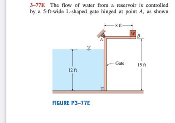 **Figure and Explanation**

**Text Description:**

**3–77E** The flow of water from a reservoir is controlled by a 5-ft-wide L-shaped gate hinged at point A, as shown.

**Diagram Explanation:**

- The image illustrates an L-shaped gate controlling water flow from a reservoir. The gate is a vertical and horizontal assembly, forming an "L" shape, with the vertical part being in contact with the water.
- The gate is hinged at point A, which is situated at the join of the horizontal and vertical sections of the gate.
- The vertical segment of the gate extends 15 feet downward through the water. 
- The horizontal section, along the bottom, spans 8 feet.
- The depth of the water on the side of the gate is 12 feet. 
- The gate is 5 feet wide, meaning it extends 5 feet perpendicular to the plane of the diagram (out of the page).

This setup is intended to regulate the water flow from the reservoir efficiently. Such gates are commonly used in hydraulic systems and require precise balancing to ensure they open and close as needed based on the water level and external forces.