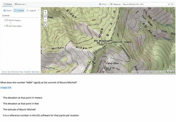 Details
Basemap
i About
Content
Legend
+
Contents
World Imagery
USA Topo Maps
5200
4800-
WHson
Esri.com Help Terms of Use Privacy Contact Esri. Report Abuse
2mt
5400
Ridg
5600
Print▾
Halal Measure
Mount Mitchell, NC, USA
STATE
BLACK
Ridge 6200
TCHELL
Mt Mitchell
(BM N 16)
(6684)
6400
LOOKOUT TOWER
Commissary
Camp Alice
BM N 15
5789
6000
What does the number "6684" signify at the summit of Mount Mitchell?
image link
The elevation at that point in meters
The elevation at that point in feet
The latitude of Mount Mitchell
It is a reference number in the GIS software for that particular location
5800
xQ
Fk Rock Cr
Fark
Ridge
North
Rid
Fork
Rock
Middle
5600
POWERED BY
Copyright: ©2013 National Geographic Society, i-cubed
esri