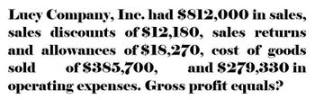 Lucy Company, Inc. had $812,000 in sales,
sales discounts of $12,180, sales returns
and allowances of $18,270, cost of goods
sold of $385,700, and $279,330 in
operating expenses. Gross profit equals?