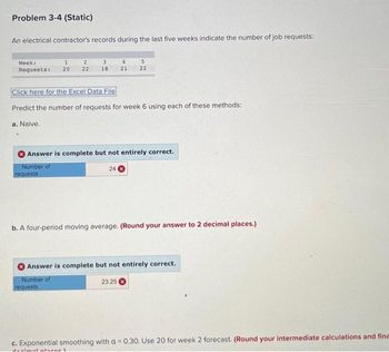 Problem 3-4 (Static)
An electrical contractor's records during the last five weeks indicate the number of job requests:
2 3
22 18
Week:
Requests:
1
20
4
21
Click here for the Excel Data File
Predict the number of requests for week 6 using each of these methods:
a. Naive.
5
22
Answer is complete but not entirely correct.
Number of
requests
24 X
requests
b. A four-period moving average. (Round your answer to 2 decimal places.).
Answer is complete but not entirely correct.
Number of
23.25
c. Exponential smoothing with a = 0.30. Use 20 for week 2 forecast. (Round your intermediate calculations and fina
mal nisenel