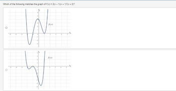 ### Analyzing Polynomial Graphs

**Question:**
Which of the following matches the graph of \( f(x) = 2(x - 1)(x + 1)^2(x + 2)? \)

**Explanation:**
We start by analyzing the given polynomial function \( f(x) = 2(x - 1)(x + 1)^2(x + 2) \). The degrees of the polynomial and the roots can be identified to understand the possible shape of the graph.

- The roots are \(x = 1\), \(x = -1\) (which is a double root), and \(x = -2\).
- At \(x = 1\): The graph will cross the x-axis.
- At \(x = -1\): The graph will touch the x-axis and turn around since \(x = -1\) is a double root.
- At \(x = -2\): The graph will cross the x-axis.

### Graph 1:

**Description:**
The graph shows a polynomial curve with the following characteristics:
- Crosses the x-axis at \(x = 1\) and \(x = -2\).
- Touches the x-axis at \(x = -1\) and turns back up, indicating a double root.
- The graph follows a consistent end behavior as \( x \to -\infty \) and \(x \to +\infty\).

### Graph 2:

**Description:**
This graph showcases a different polynomial curve:
- Crosses the x-axis at multiple points.
- The behavior at the roots isn't consistent with a double root at \(x = -1\), as it doesn't solely touch and turn at this point.

### Detailed Analysis:
The correct graph should:
- Cross the x-axis at \(x = 1\) and \(x = -2\).
- Touch and turn at \(x = -1\) indicating a double root at this point.

### Conclusion:
**Graph 1** accurately represents the graph of \(f(x) = 2(x - 1)(x + 1)^2(x + 2)\). It correctly displays the polynomial touching and turning at \(x = -1\) (double root), and crossing at \(x = 1\) and \(x = -2\).

### Additional Notes:
- Understanding the nature of roots and their multiplicities is crucial for sketching polynomial