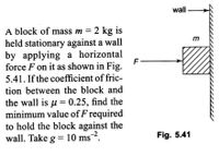 wall
A block of mass m = 2 kg is
held stationary against a wall
by applying a horizontal
m
F-
force F on it as shown in Fig.
5.41. If the coefficient of fric-
tion between the block and
the wall is u = 0.25, find the
minimum value of F required
to hold the block against the
wall. Take g = 10 ms.
Fig. 5.41
