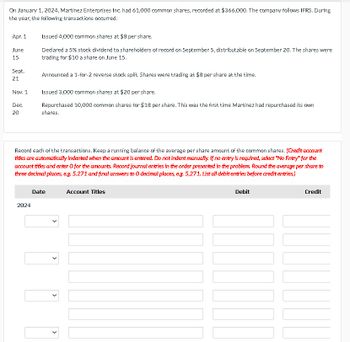On January 1, 2024, Martinez Enterprises Inc. had 61,000 common shares, recorded at $366,000. The company follows IFRS. During
the year, the following transactions occurred:
Apr. 1
Issued 4,000 common shares at $8 per share.
June
15
Declared a 5% stock dividend to shareholders of record on September 5, distributable on September 20. The shares were
trading for $10 a share on June 15.
Announced a 1-for-2 reverse stock split. Shares were trading at $8 per share at the time.
Sept.
21
Nov. 1
Issued 3,000 common shares at $20 per share.
Dec.
20
Repurchased 10,000 common shares for $18 per share. This was the first time Martinez had repurchased its own
shares.
Record each of the transactions. Keep a running balance of the average per share amount of the common shares. (Credit account
titles are automatically indented when the amount is entered. Do not indent manually. If no entry is required, select "No Entry" for the
account titles and enter O for the amounts. Record journal entries in the order presented in the problem. Round the average per share to
three decimal places, e.g. 5.271 and final answers to O decimal places, e.g. 5,271. List all debit entries before credit entries.)
Date
2024
Account Titles
Debit
Credit