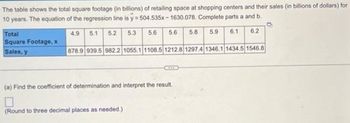 The table shows the total square footage (in billions) of retailing space at shopping centers and their sales (in billions of dollars) for
10 years. The equation of the regression line is y=504.535x-1630.078. Complete parts a and b.
4.9
5.1 5.2
5.6 5.6 5.8
6.1
6.2
878.9 939.5 982.2 1055.1 1108.5 1212.8 1297.4 1346.1 1434.5 1546.8
Total
Square Footage, x
Sales, y
5.3
(Round to three decimal places as needed.)
Com
(a) Find the coefficient of determination and interpret the result.
5.9