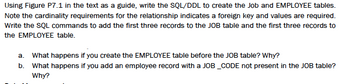 Using Figure P7.1 in the text as a guide, write the SQL/DDL to create the Job and EMPLOYEE tables.
Note the cardinality requirements for the relationship indicates a foreign key and values are required.
Write the SQL commands to add the first three records to the JOB table and the first three records to
the EMPLOYEE table.
a. What happens if you create the EMPLOYEE table before the JOB table? Why?
b. What happens if you add an employee record with a JOB _CODE not present in the JOB table?
Why?