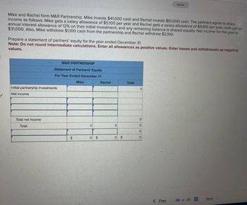 Mike and Rachel form M&R Partnership. Mike invests $41,000 cash and Rachel invests $61,000 cash. The partners agree to share
income as follows: Mike gets a salary allowance of $5,100 per year and Rachel gets a salary allowance of $9,100 per year, both get an
annual interest allowance of 12% on their initial investment; and any remaining balance is shared equally. Net income for the year is
$31,000. Also, Mike withdrew $1,100 cash from the partnership and Rachel withdrew $2,100.
Prepare a statement of partners' equity for the year ended December 31.
Note: Do not round intermediate calculations. Enter all allowances as positive values. Enter losses and withdrawals as negative
values.
M&R PARTNERSHIP
Statement of Partners' Equity
For Year Ended December 31
Initial partnership investments
Net income
Total net income
Total
$
Mike
0
0 $
Rachel
0
0 $
Total
0
0
0
0
Seved
0
< Prev
26 of 26
Next 3