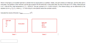 In the figure, an insulated rigid tank is divided into two equal parts by a partition. Initially, one part contains an ideal gas, while the other part is evacuated. The partition is then removed, allowing the gas to expand into the entire tank.

Initial Conditions (State 1):
- Pressure (\(P_1\)): 600.00 kPa
- Temperature (\(T_1\)): 300.00 K
- Volume (\(V_1\)): \(V\)
- Mass (\(m\)): 4.00 kg

Gas Properties:
- Gas constant (\(R\)): 0.2870 kJ/(kg·K)

Final Conditions (State 2):
- Temperature (\(T_2\)): ?
- Pressure (\(P_2\)): ?
- Volume (\(V_2\)): \(2V_1\)

Energy Calculation:
The internal energy change (\(\Delta U\)) can be determined using the equation:
\[
\Delta U = m \cdot c_V \cdot (T_2 - T_1)
\]

where \(c_V = 0.7180\) kJ/(kg·K) is the specific heat at constant volume.

Task:
Calculate the total volume of the tank (\(V_{\text{total}}\)) in m³. 

The figure consists of two diagrams depicting the system's states:
- **State 1**: Represents the initial condition where one side of the tank contains the ideal gas and the other is evacuated.
- **State 2**: Shows the gas occupying the entire tank after the partition is removed, indicating that the volume is doubled.