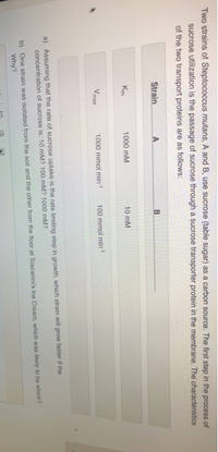 Two strains of Steptococcus mutans, A and B, use sucrose (table sugar) as a carbon source. The first step in the process of
sucrose utilization is the passage of sucrose through a sucrose transporter protein in the membrane. The characteristics
of the two transport proteins are as follows:
Strain
B
Km
1000 mM
10 mM
Vmax
1000 mmol min
100 mmol min
a) Assuming that the rate of sucrose uptake is the rate limiting step in growth, which strain will grow faster if the
concentration of sucrose is: 10 mM? 100 mM? 1000 mM?
b) One strain was isolated from the soil and the other from the floor at Toscanini's Ice Cream, which was likely to be which?
Why?
