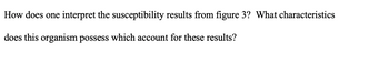 How does one interpret the susceptibility results from figure 3? What characteristics
does this organism possess which account for these results?