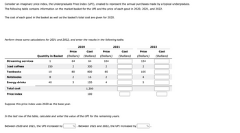 Consider an imaginary price index, the Undergraduate Price Index (UPI), created to represent the annual purchases made by a typical undergradute.
The following table contains information on the market basket for the UPI and the price of each good in 2020, 2021, and 2022.
The cost of each good in the basket as well as the basket's total cost are given for 2020.
Perform these same calculations for 2021 and 2022, and enter the results in the following table.
Streaming services
Iced coffees
Textbooks
Notebooks
Energy drinks
Total cost
Price index
Quantity in Basket
1
150
10
8
40
Suppose this price index uses 2020 as the base year.
Price
(Dollars)
64
Between 2020 and 2021, the UPI increased by
2020
2
80
2
3
Cost
(Dollars)
64
300
800
16
120
1,300
100
Price
(Dollars)
104
2
85
2
4
2021
Cost
(Dollars)
In the last row of the table, calculate and enter the value of the UPI for the remaining years.
% Between 2021 and 2022, the UPI increased by
Price
(Dollars)
134
2
105
4
5
%
2022
Cost
(Dollars)