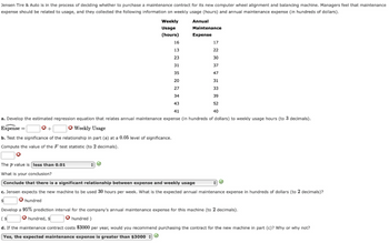 Jensen Tire & Auto is in the process of deciding whether to purchase a maintenance contract for its new computer wheel alignment and balancing machine. Managers feel that maintenance
expense should be related to usage, and they collected the following information on weekly usage (hours) and annual maintenance expense (in hundreds of dollars).
Annual
Maintenance
Expense
Weekly
Usage
(hours)
16
17
13
22
23
30
31
37
35
47
20
31
27
33
34
39
43
52
41
40
a. Develop the estimated regression equation that relates annual maintenance expense (in hundreds of dollars) to weekly usage hours (to 3 decimals).
Expense =
*+
Weekly Usage
b. Test the significance of the relationship in part (a) at a 0.05 level of significance.
Compute the value of the F test statistic (to 2 decimals).
The p value is less than 0.01
What is your conclusion?
Conclude that there is a significant relationship between expense and weekly usage
c. Jensen expects the new machine to be used 30 hours per week. What is the expected annual maintenance expense in hundreds of dollars (to 2 decimals)?
✩ hundred
$
Ⓒ
Develop a 95% prediction interval for the company's annual maintenance expense for this machine (to 2 decimals).
($
hundred, $
hundred)
d. If the maintenance contract costs $3000 per year, would you recommend purchasing the contract for the new machine in part (c)? Why or why not?
Yes, the expected maintenance expense is greater than $3000